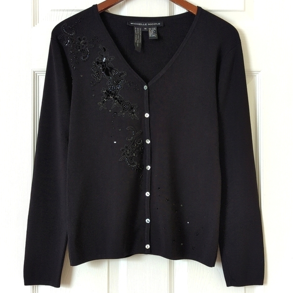 Michelle Nicole Sweaters - Michelle Nicole Floral Embroidered & Beaded Ribbed Knit V-neck Cardigan Black M